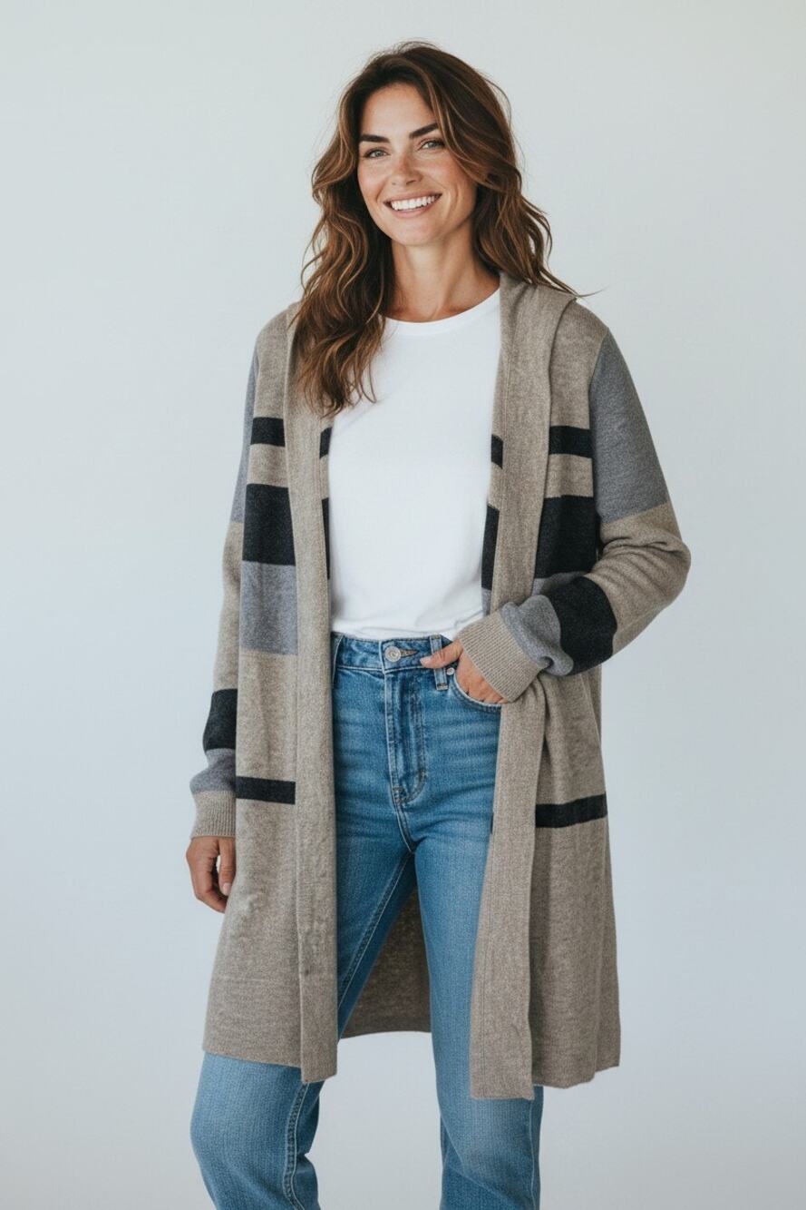 L Cashmere Sweater Knit Cardigan 100% Mid Length Open Front Striped Beige Blue